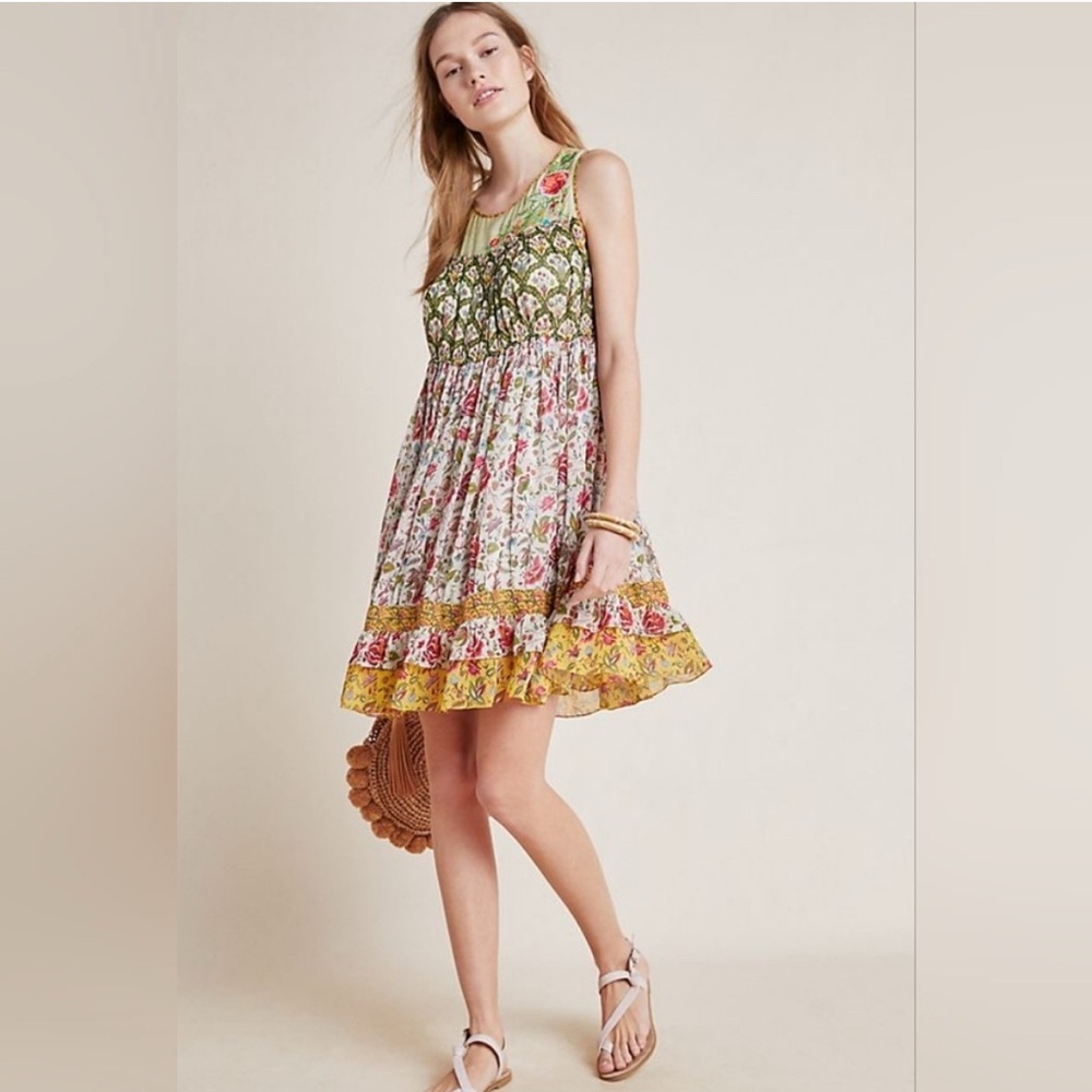 Anthropologie Tanvi Kedia Ananya Tunic Dress with Floral Embroidery Size‎ M/P